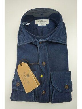 Giannetto Solid Indigo Blue Cotton Slim Fit Button Up Shirt 39 NEW
